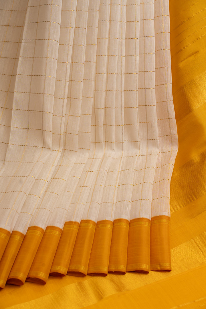 Ivory and mustard checks pure linen Kanchipuram silk saree