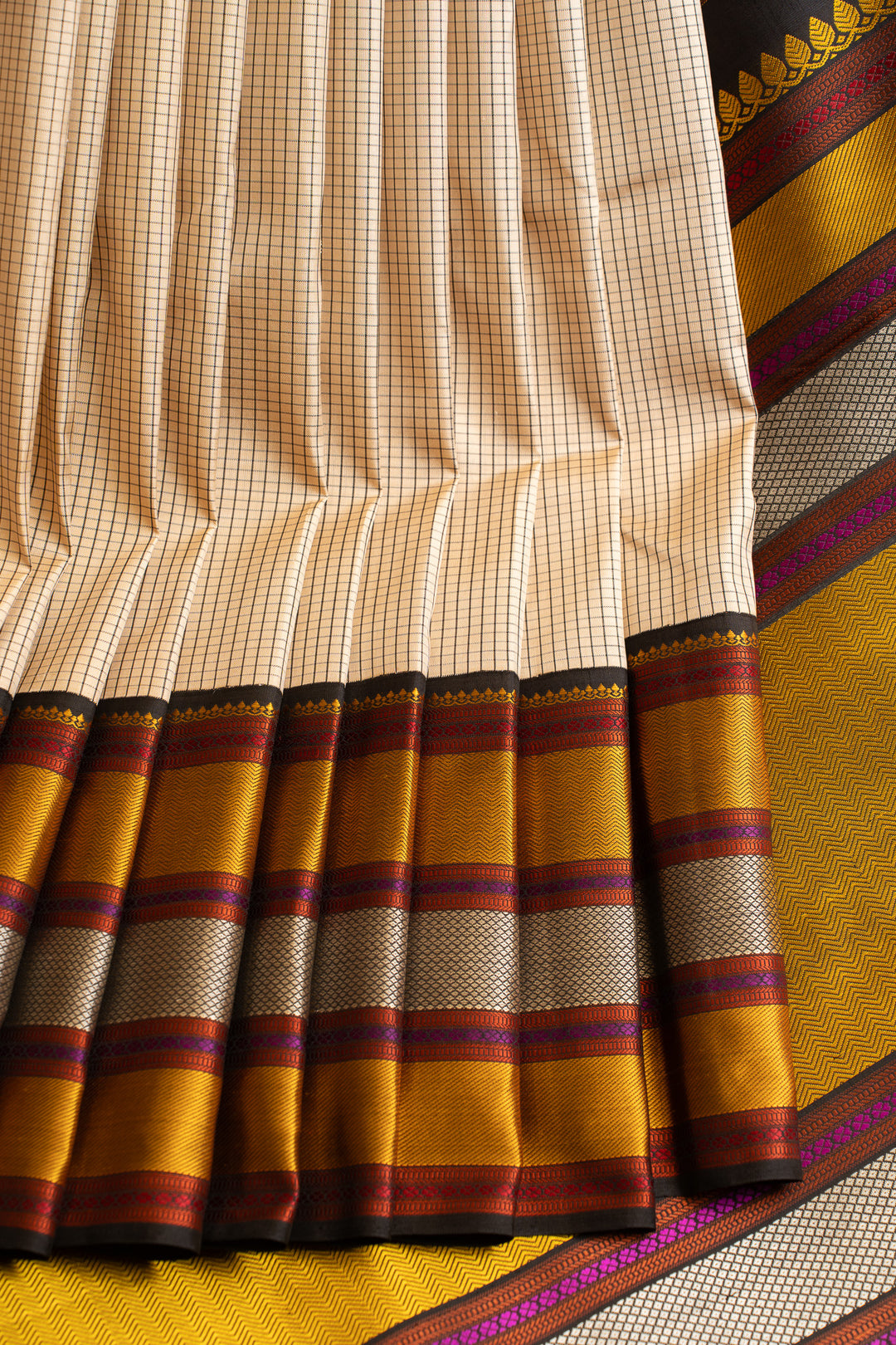 Cream and black threadwork pure Kanchipuram silk saree