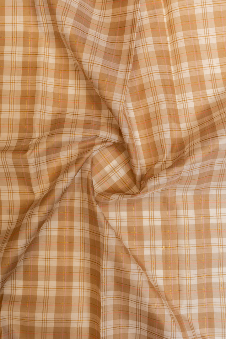 Beige and peach multi checks pure Kanchipuram silk saree