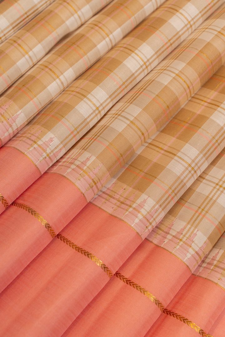 Beige and peach multi checks pure Kanchipuram silk saree