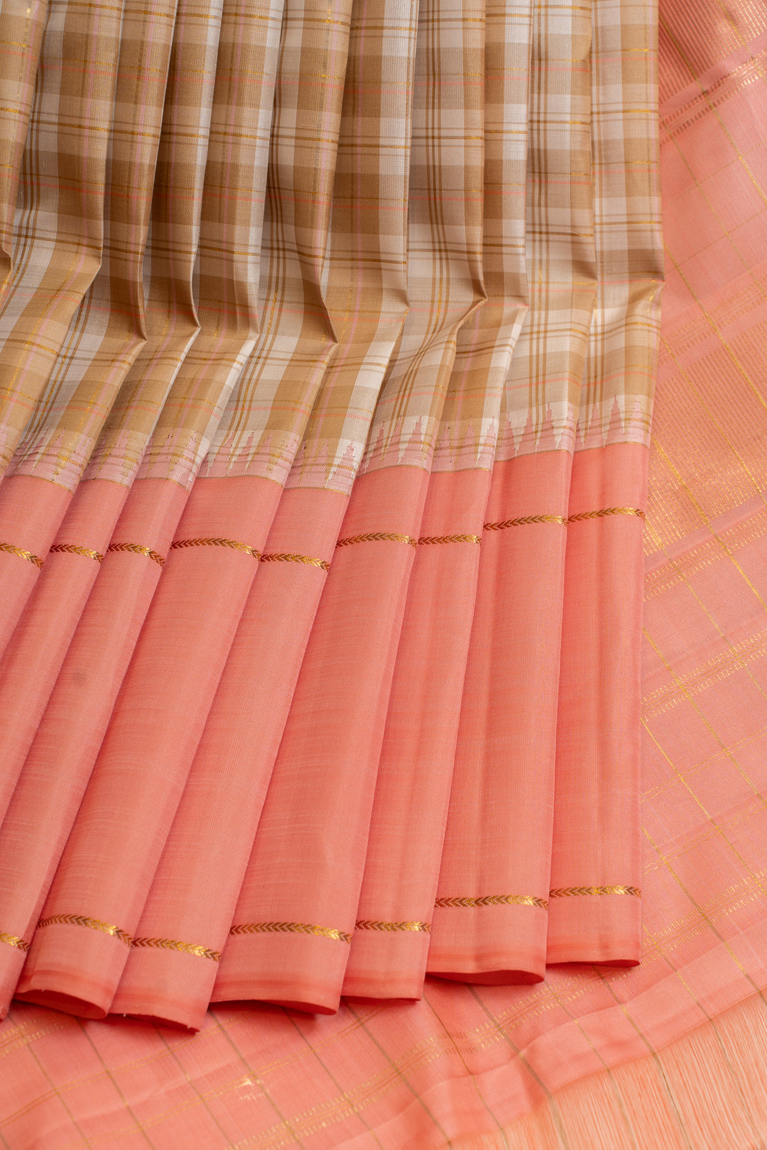 Beige and peach multi checks pure Kanchipuram silk saree
