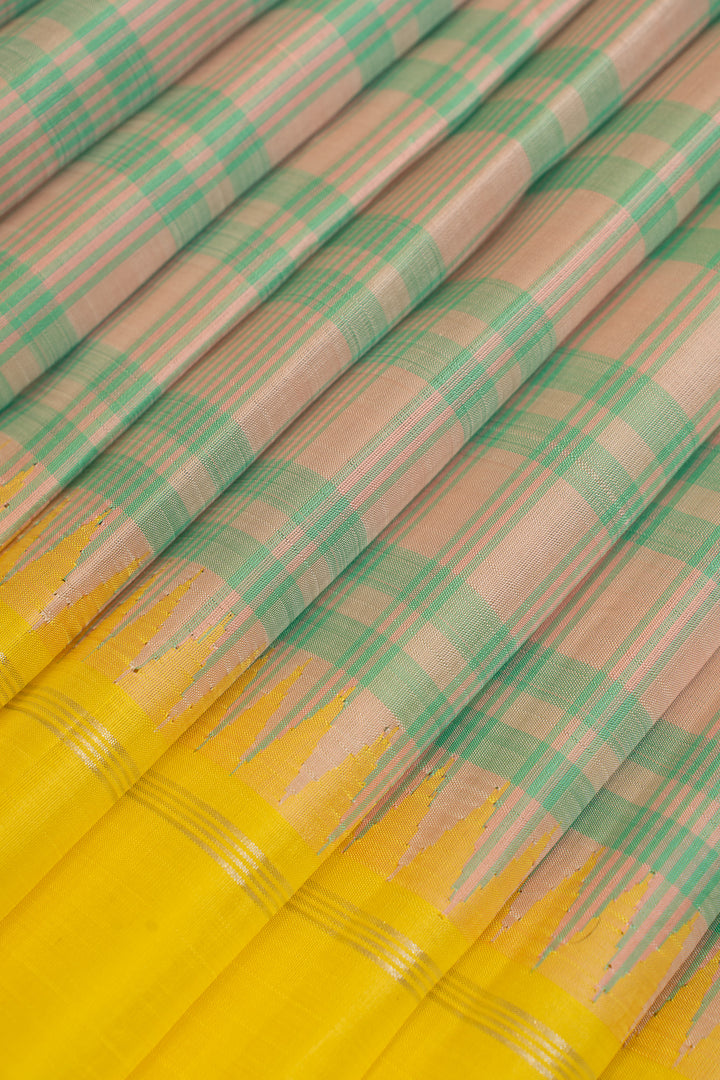 Grey and green multi checks pure Kanchipuram silk saree