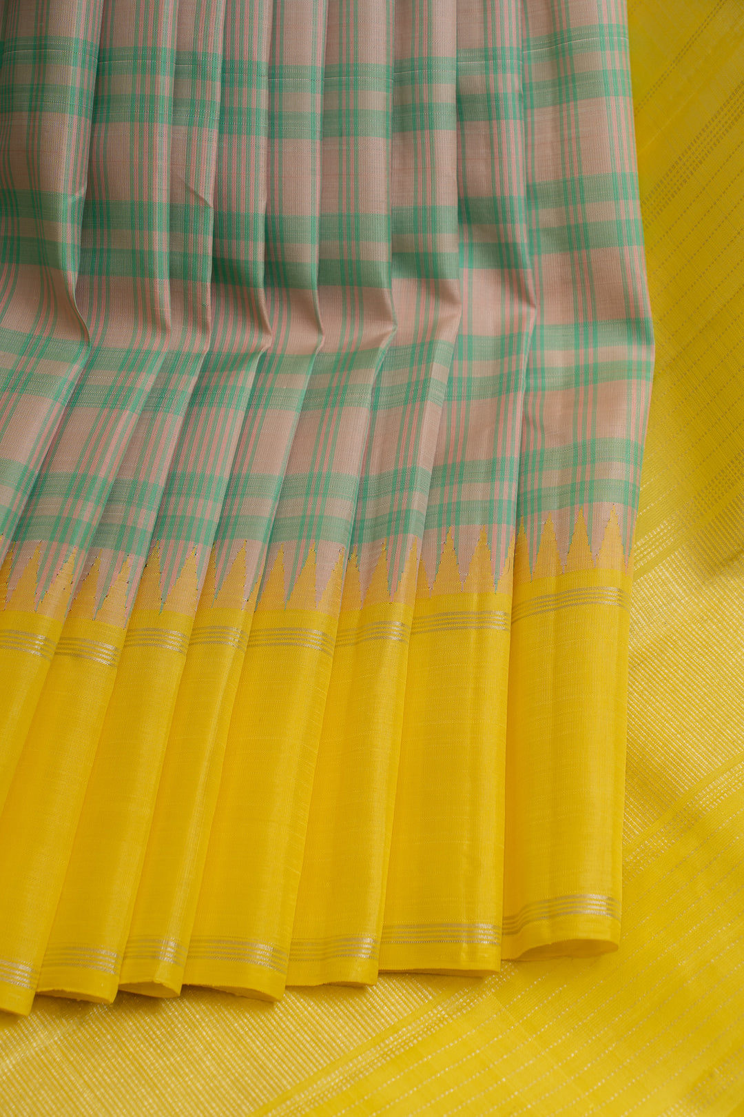 Grey and green multi checks pure Kanchipuram silk saree