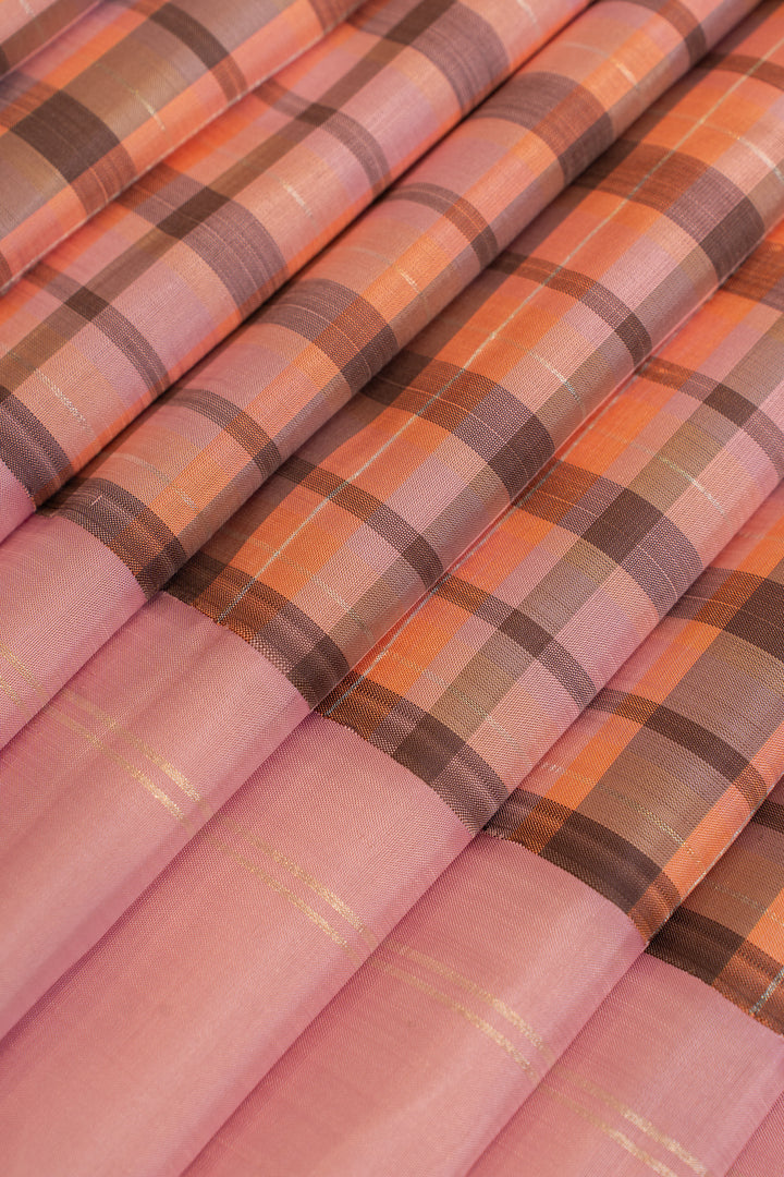 Lilac and brown multi checks pure Kanchipuram silk saree