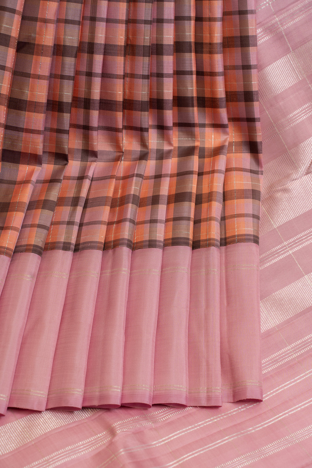 Lilac and brown multi checks pure Kanchipuram silk saree