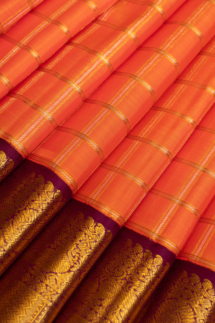 Orange and Brown zari checks pure Kanchipuram silk saree