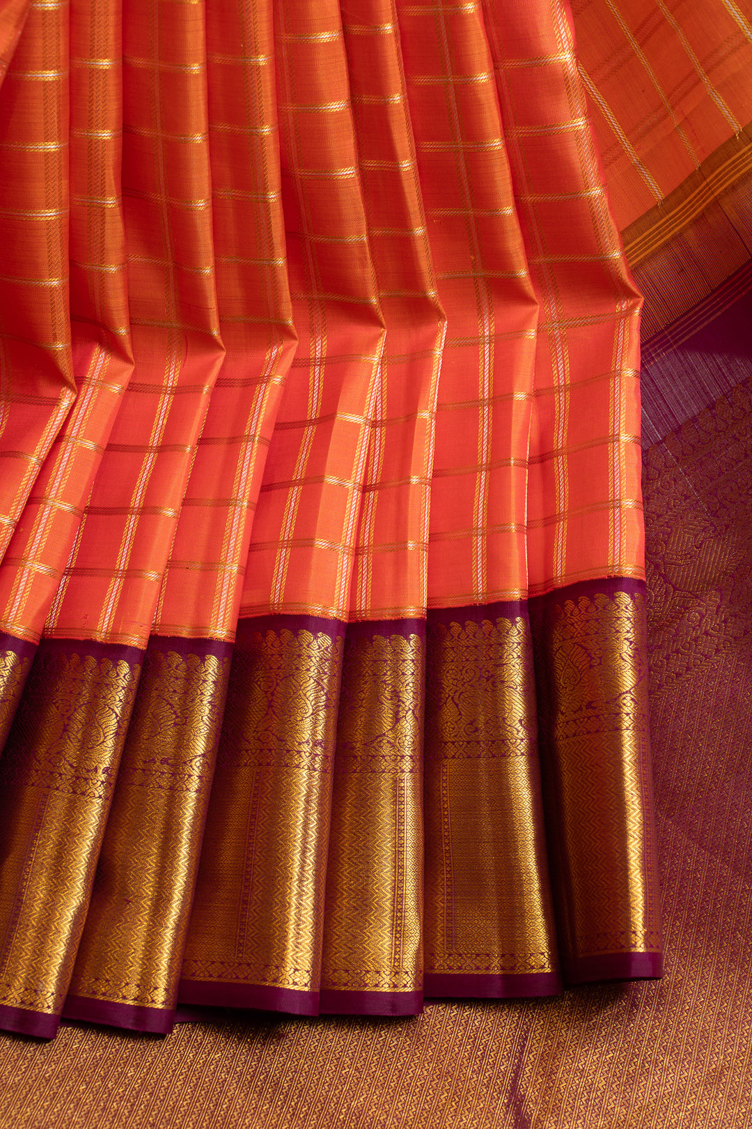 Orange and Brown zari checks pure Kanchipuram silk saree
