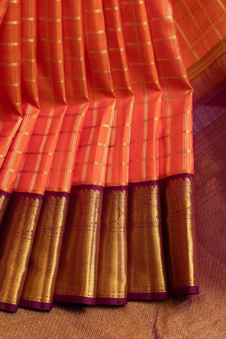 Orange and Brown zari checks pure Kanchipuram silk saree
