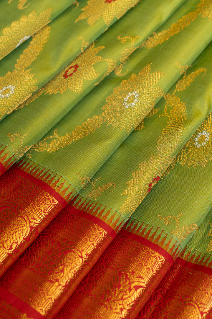 Green and red floral pure Kanchipuram silk saree