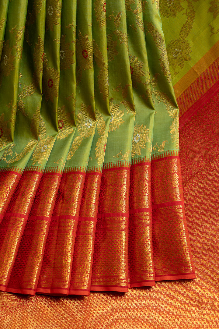 Green and red floral pure Kanchipuram silk saree