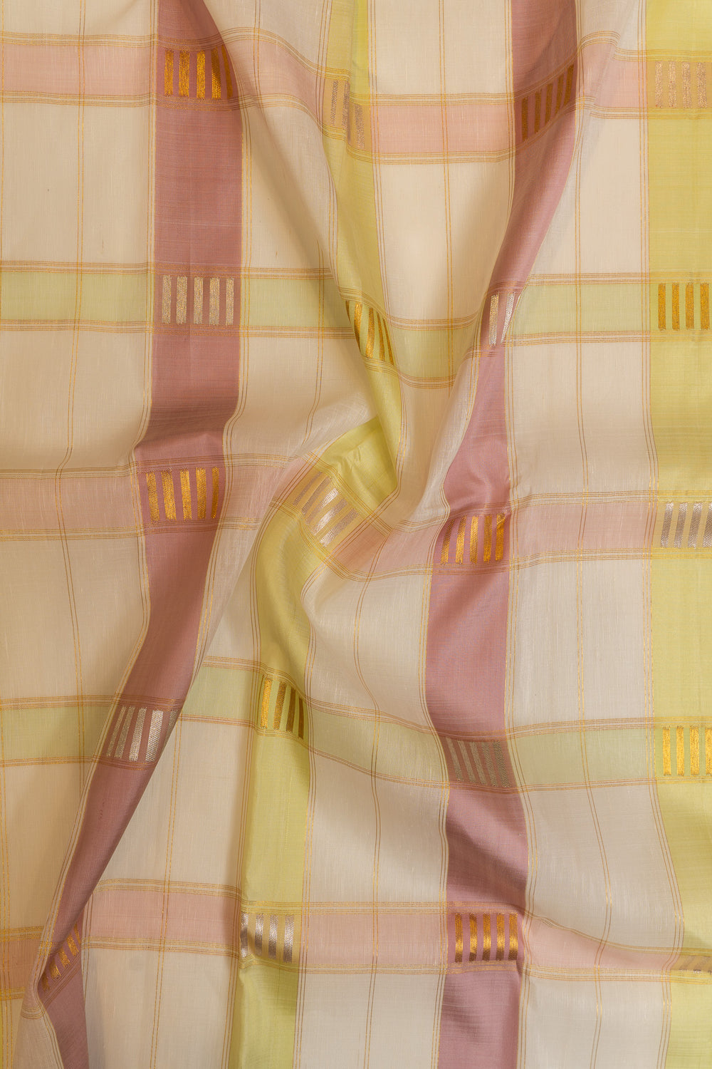 Pastel multi checks pure linen Kanchipuram silk saree