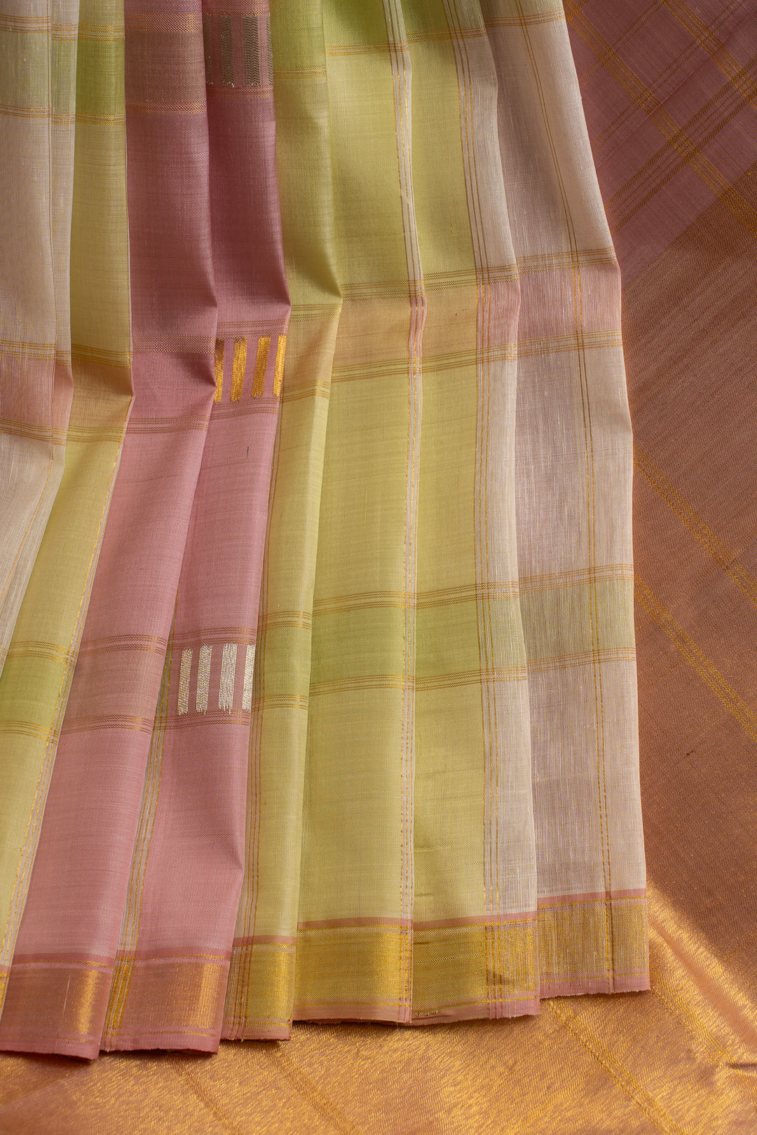 Pastel multi checks pure linen Kanchipuram silk saree