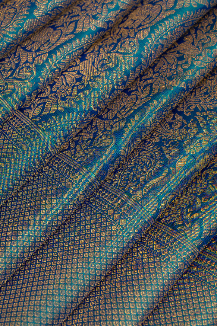 Peacock blue paisley brocade pure Kanchipuram silk saree
