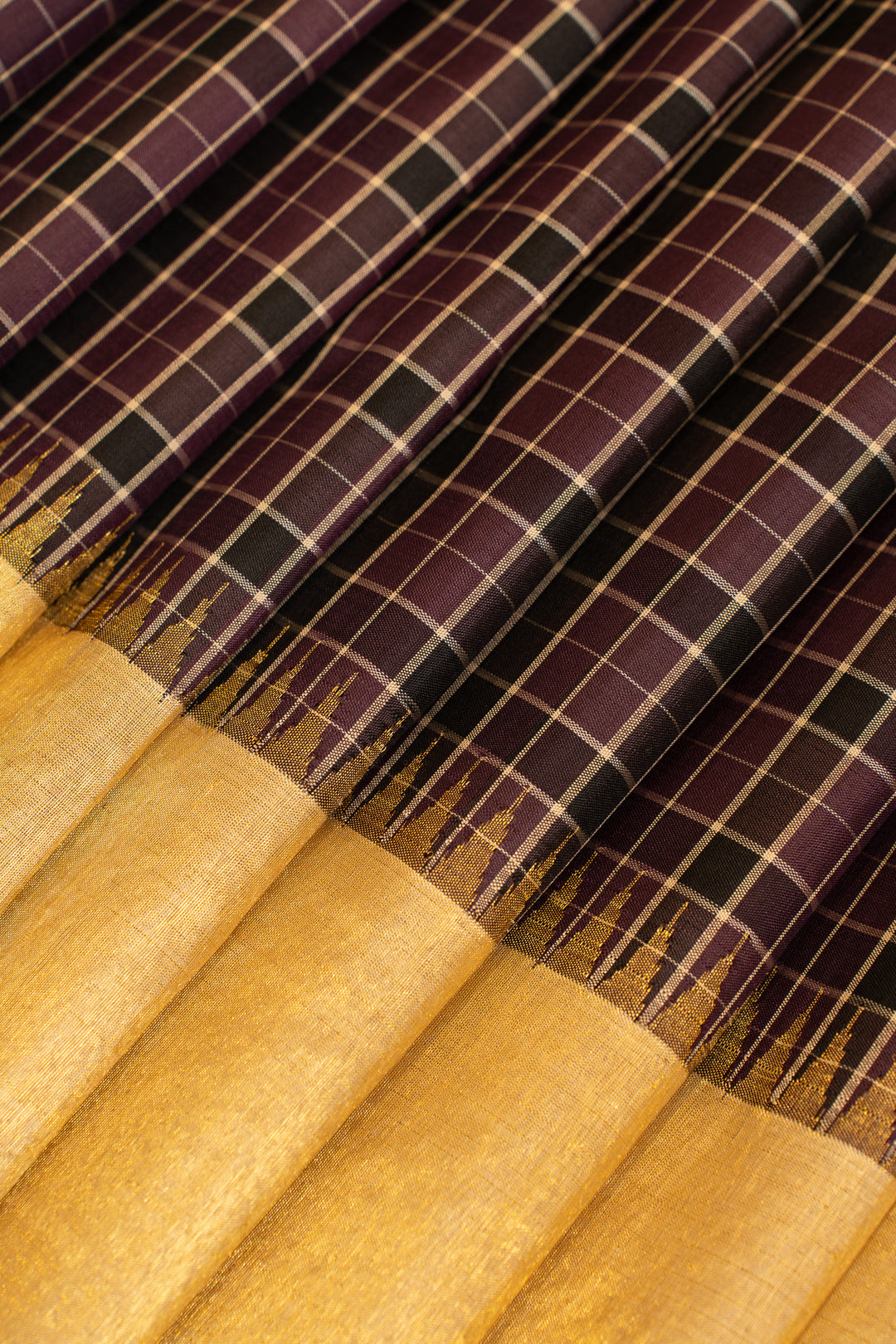 Purple and brown multi checks pure Kanchipuram silk saree