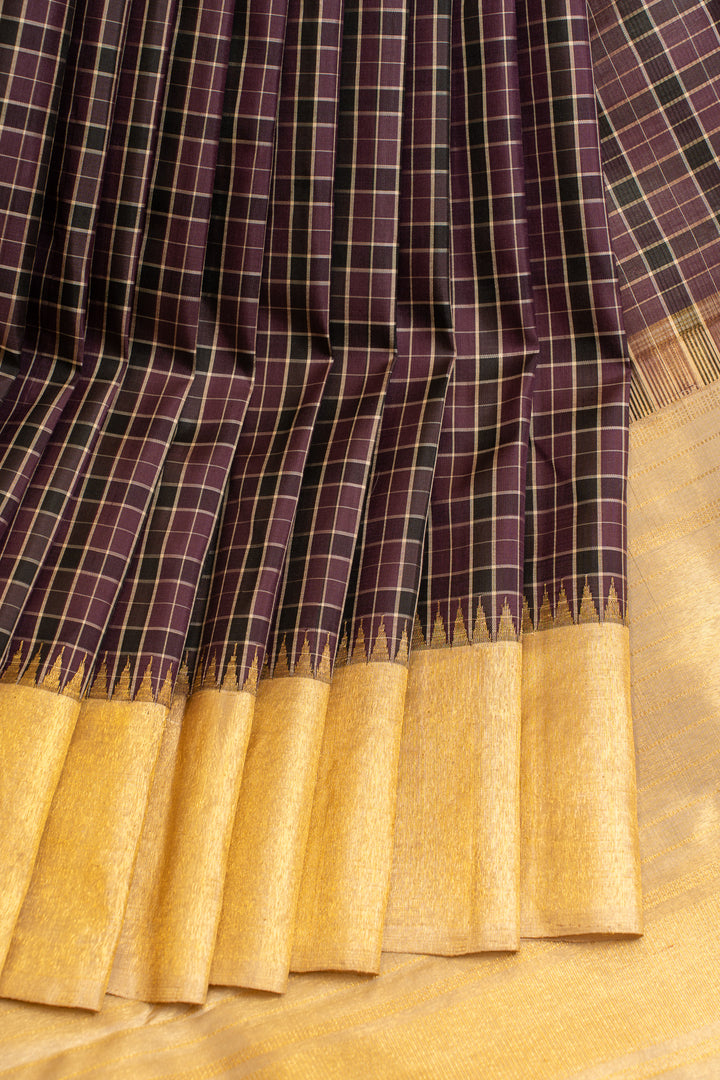 Purple and brown multi checks pure Kanchipuram silk saree