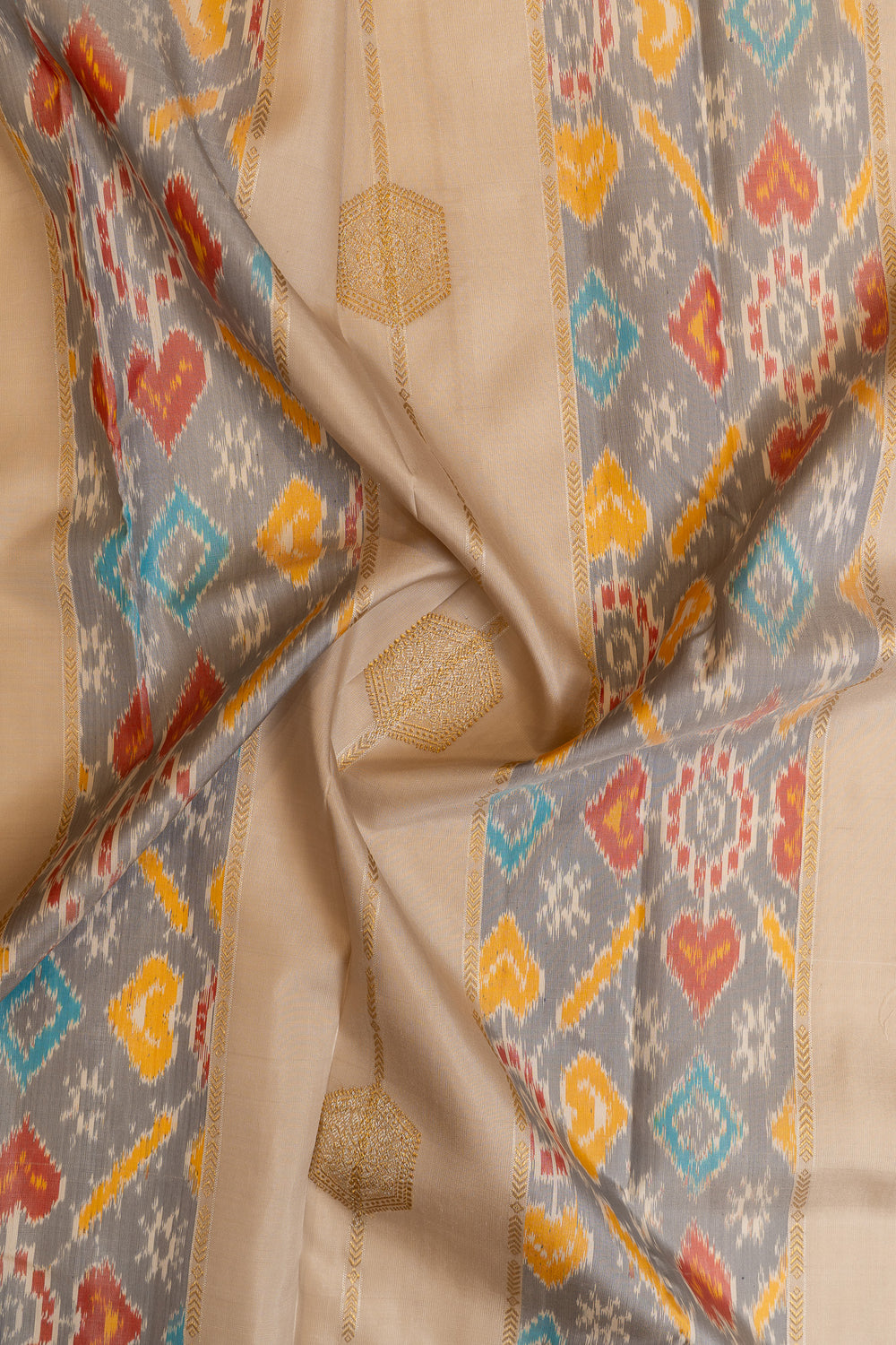 Beige and grey ikat Kanchipuram pure silk saree