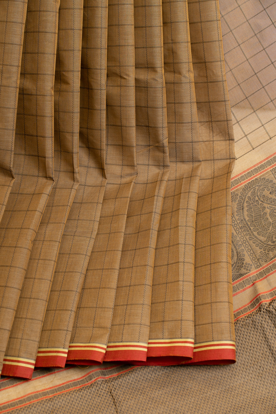 Khaki thread checks pure handloom cotton saree