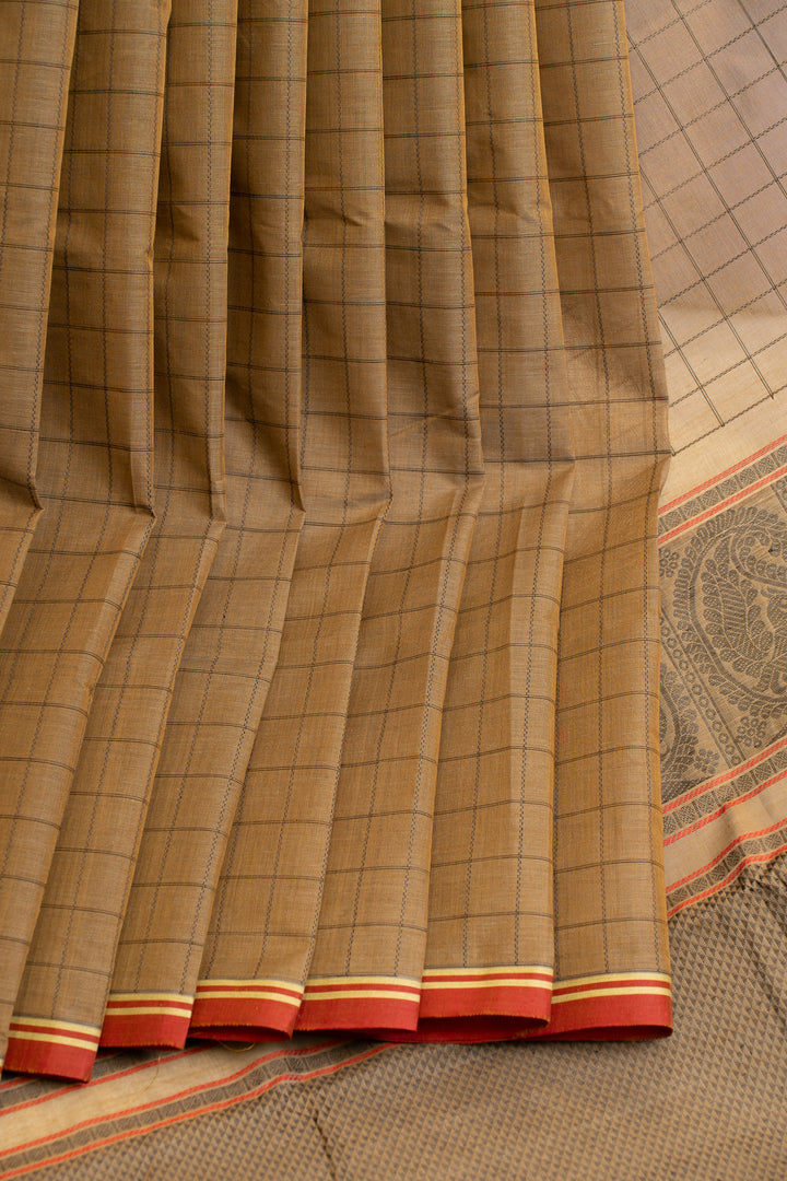 Khaki thread checks pure handloom cotton saree
