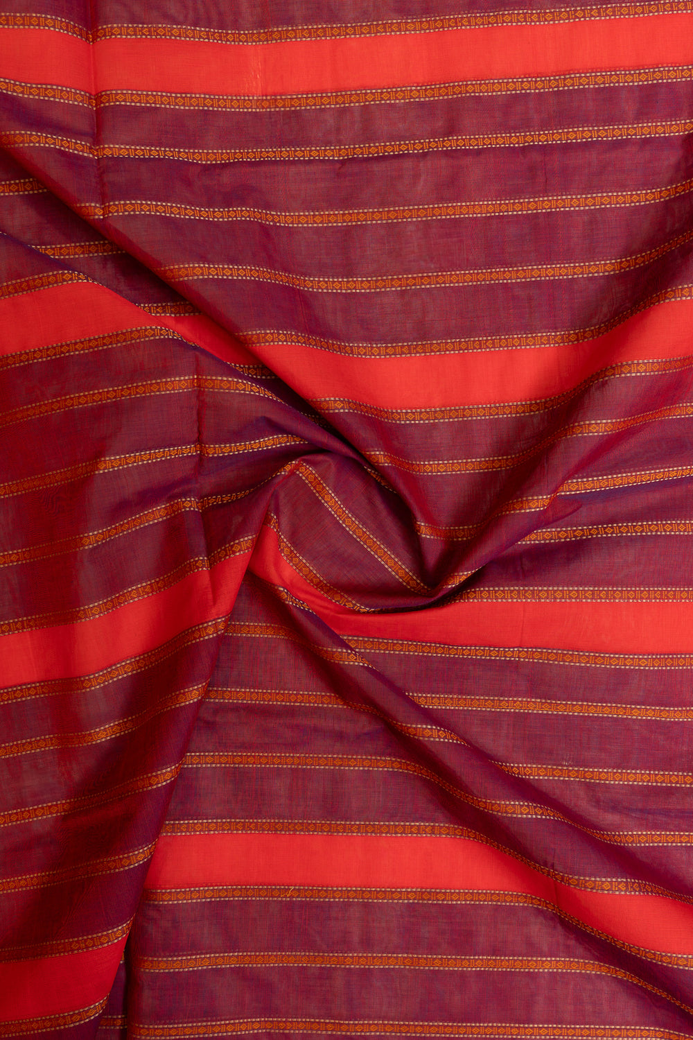 Rust orange and maroon stripes pure handloom cotton saree
