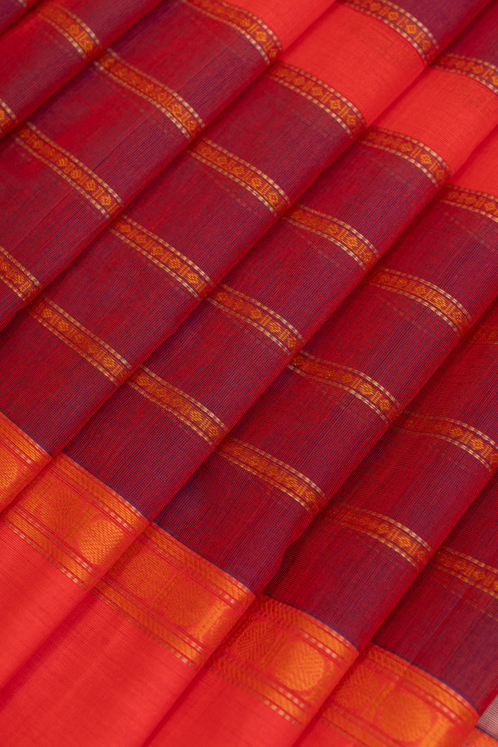 Rust orange and maroon stripes pure handloom cotton saree