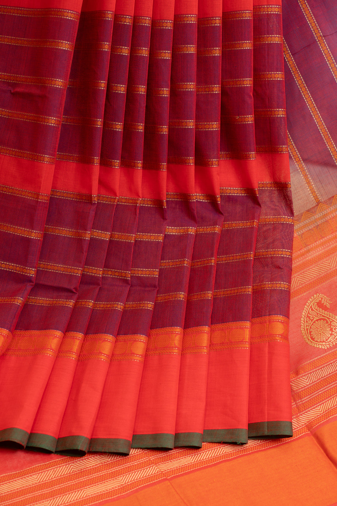 Rust orange and maroon stripes pure handloom cotton saree