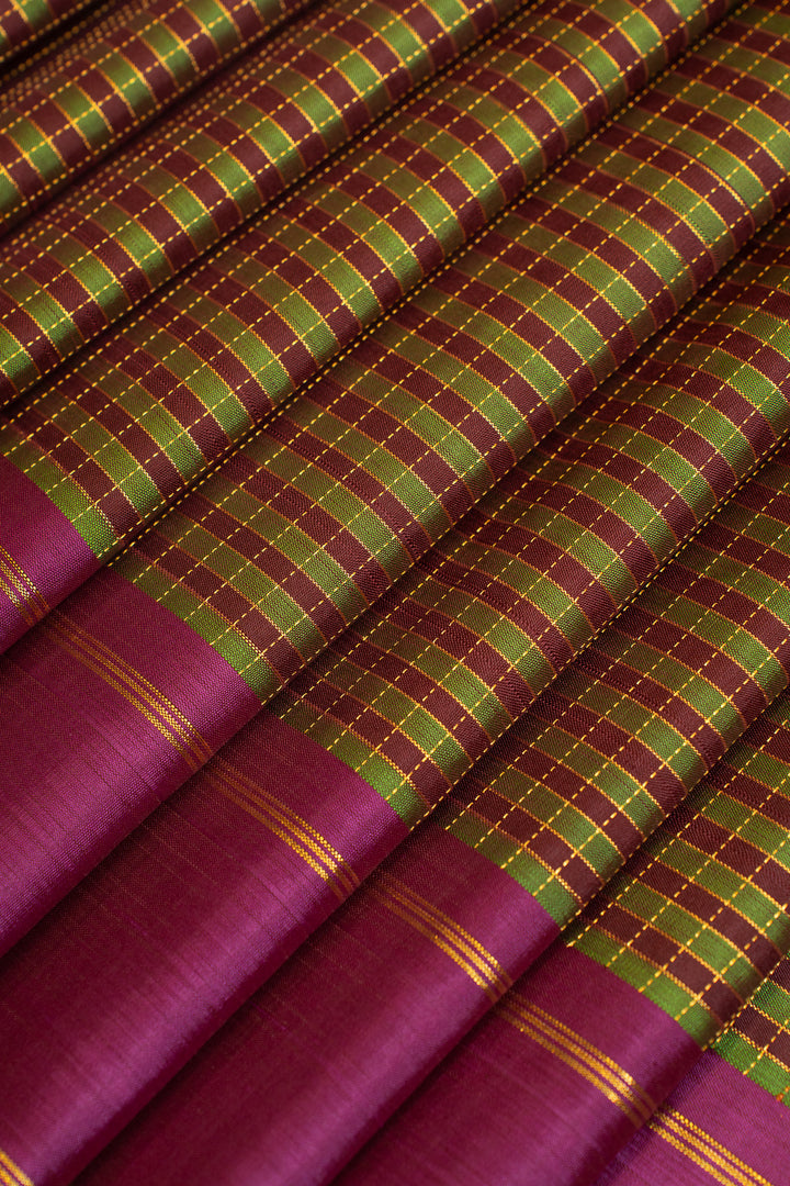 Green and magenta zari checks pure Kanchipuram silk saree