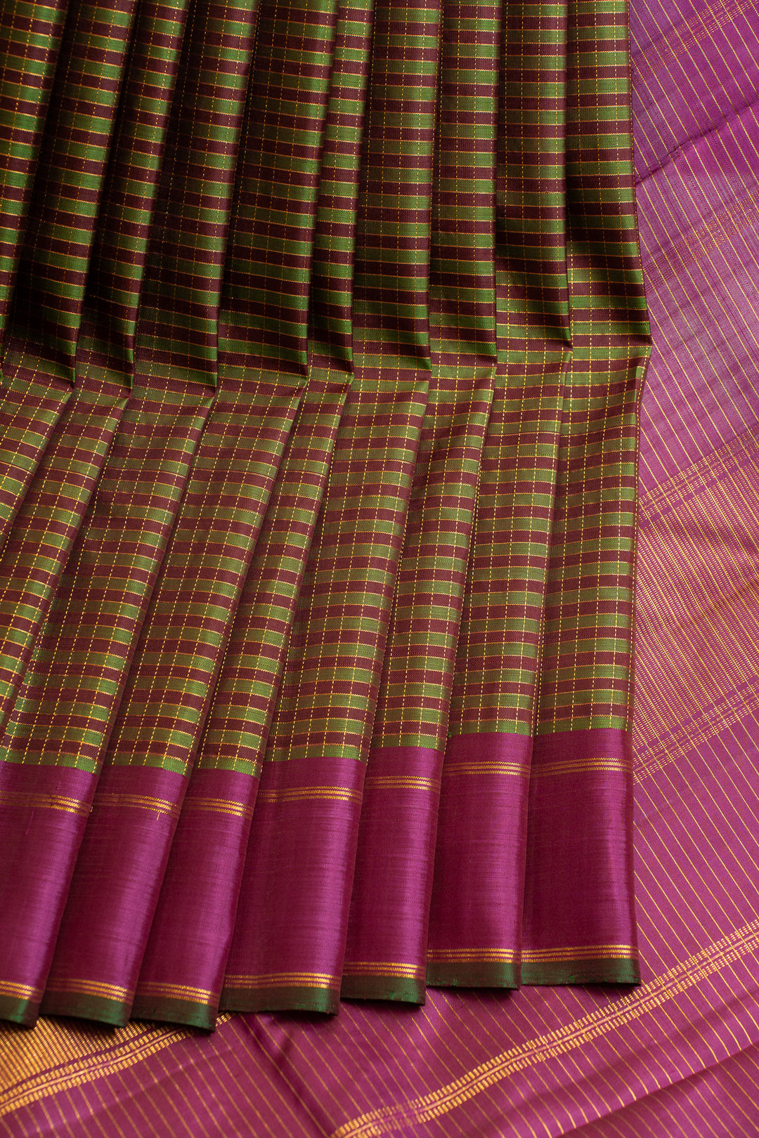 Green and magenta zari checks pure Kanchipuram silk saree
