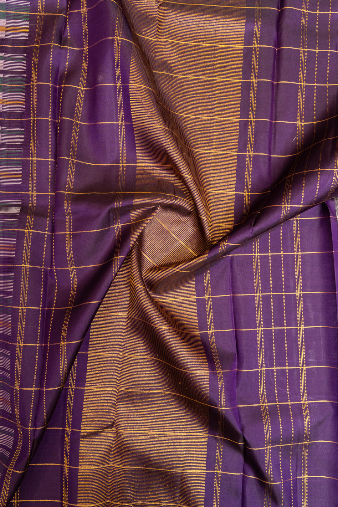 Green purple multi checks pure Kanchipuram silk saree