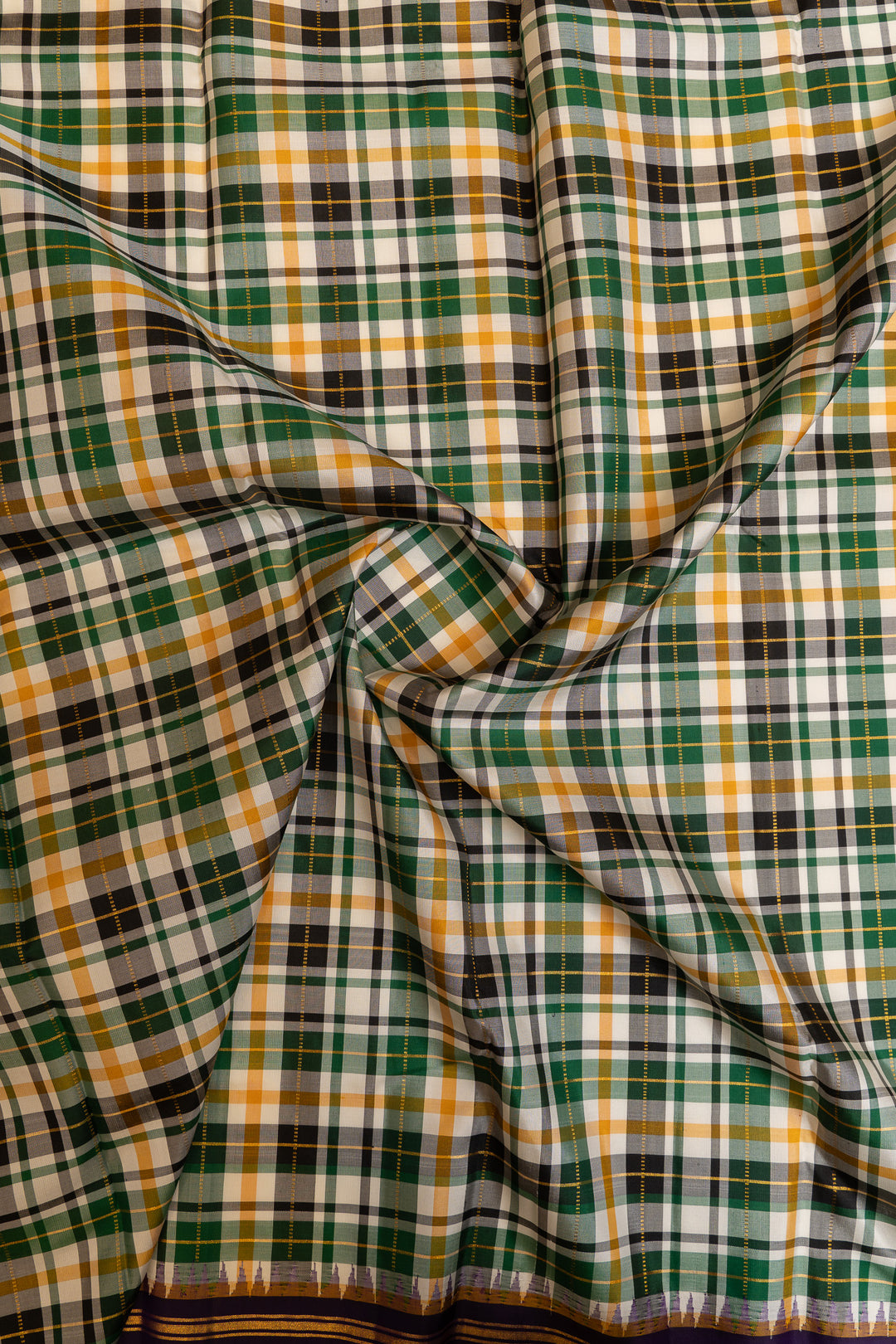 Green purple multi checks pure Kanchipuram silk saree