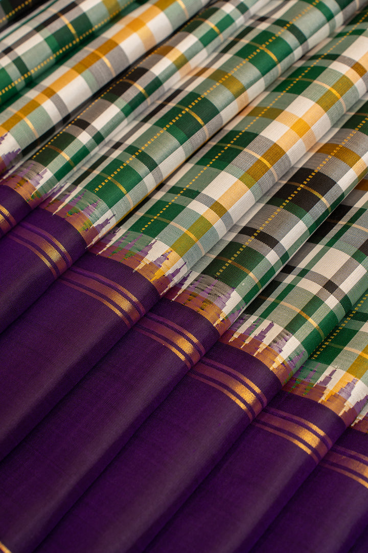 Green purple multi checks pure Kanchipuram silk saree