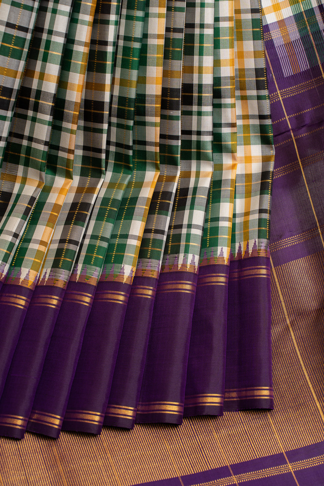 Green purple multi checks pure Kanchipuram silk saree
