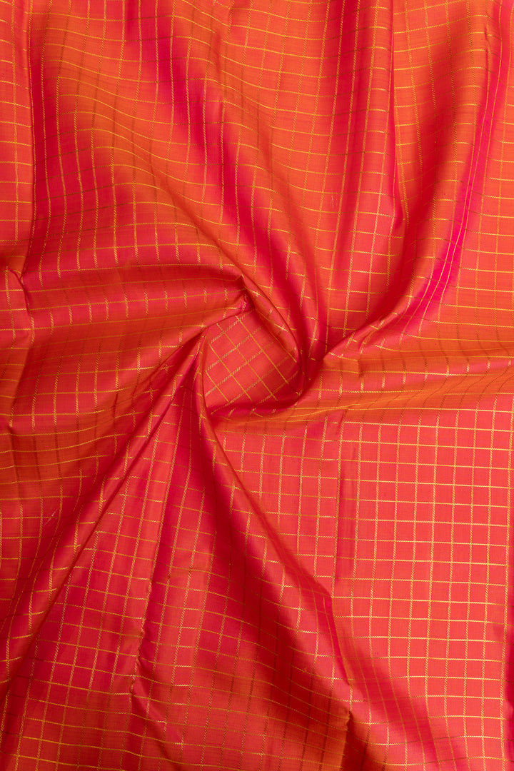 Peach and green checks pure Kanchipuram silk saree
