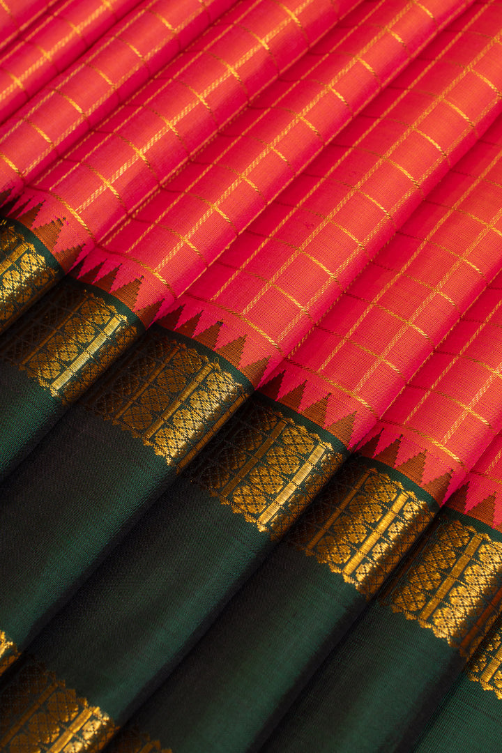 Peach and green checks pure Kanchipuram silk saree