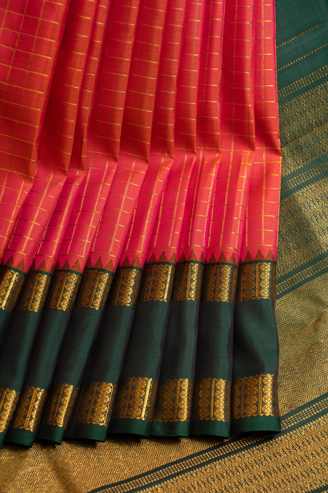 Peach and green checks pure Kanchipuram silk saree