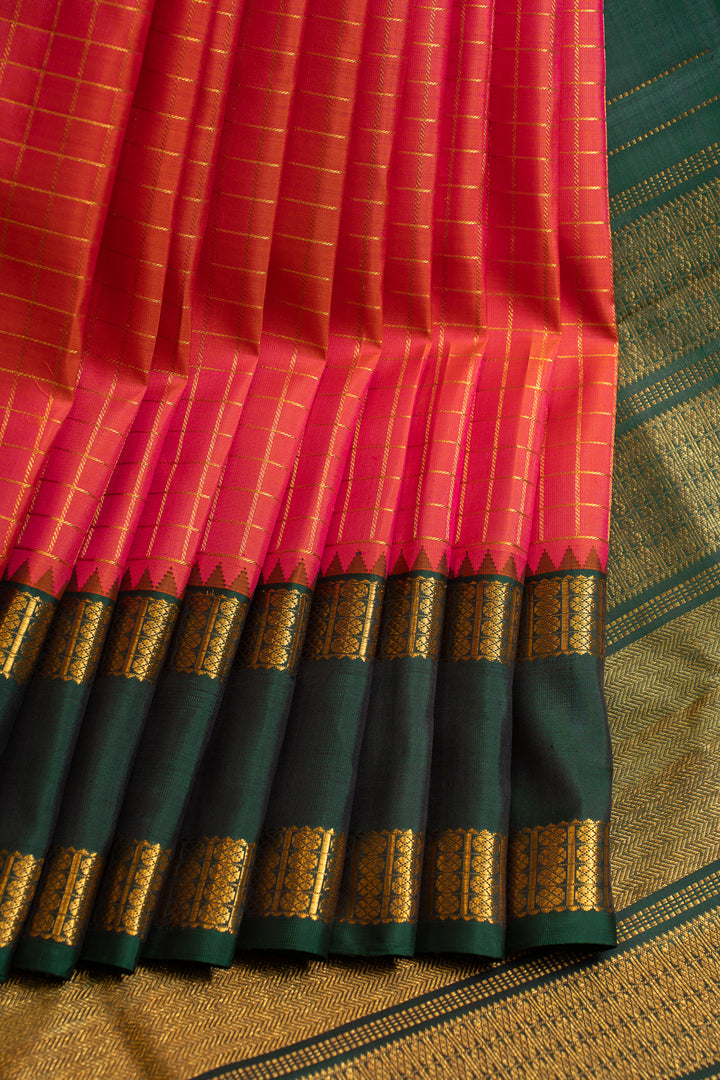 Peach and green checks pure Kanchipuram silk saree
