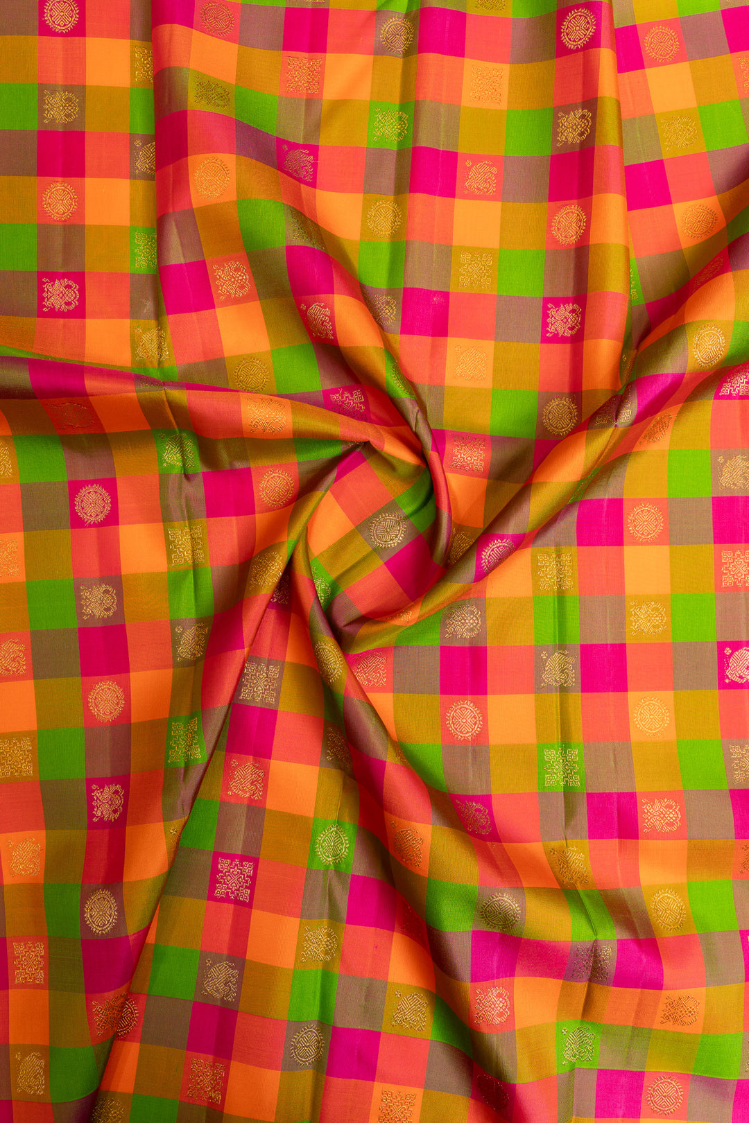 Beige multi checks border pure Kanchipuram silk saree