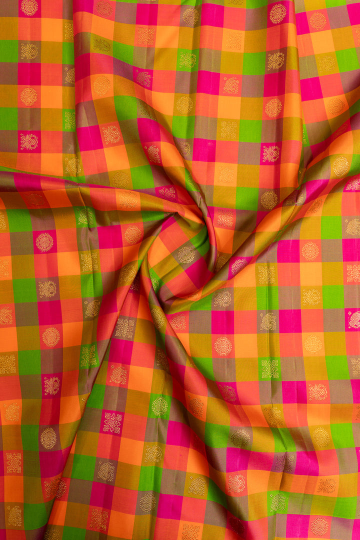 Beige multi checks border pure Kanchipuram silk saree