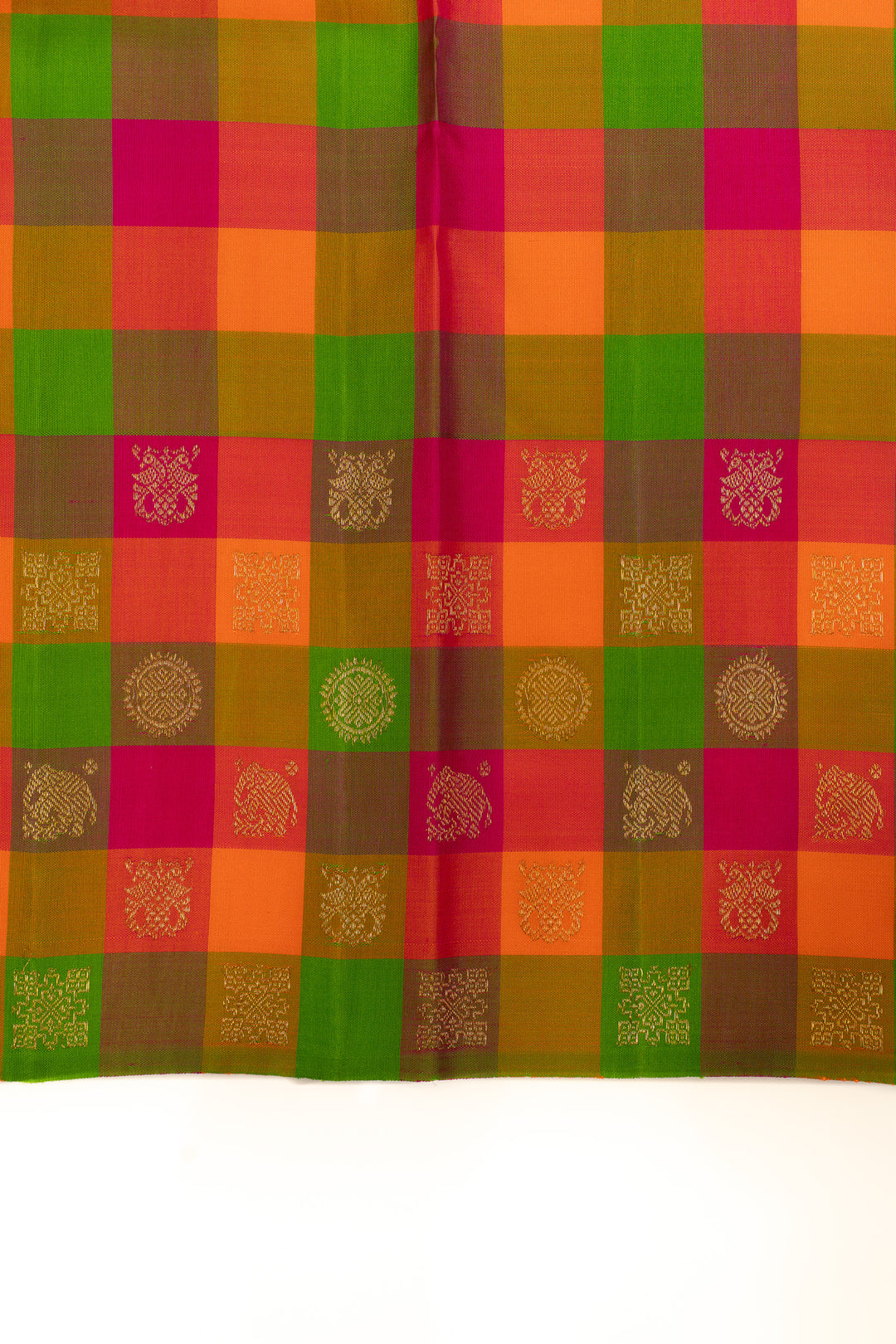 Beige multi checks border pure Kanchipuram silk saree