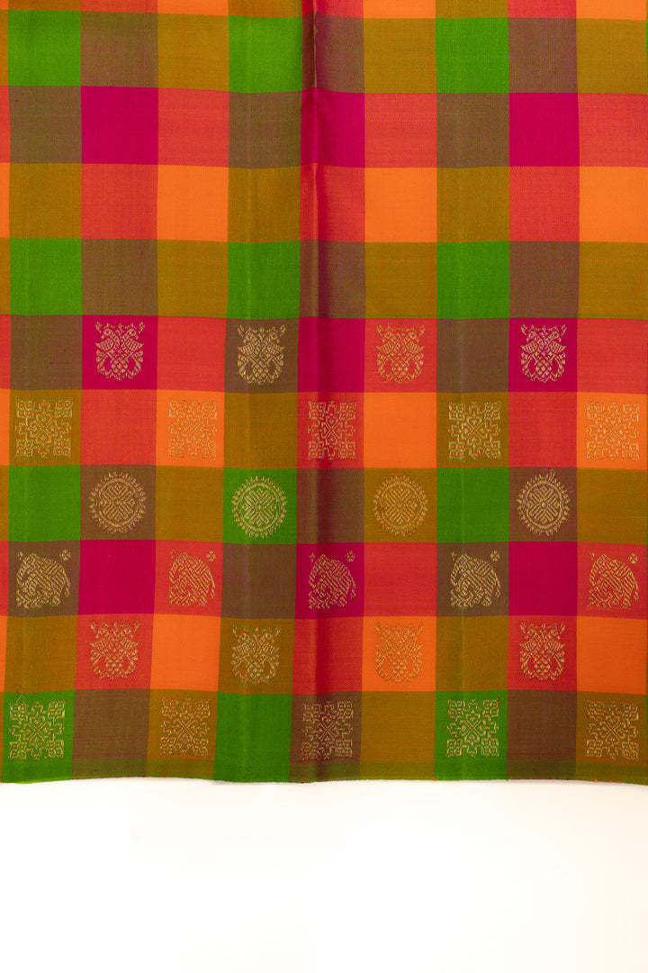 Beige multi checks border pure Kanchipuram silk saree