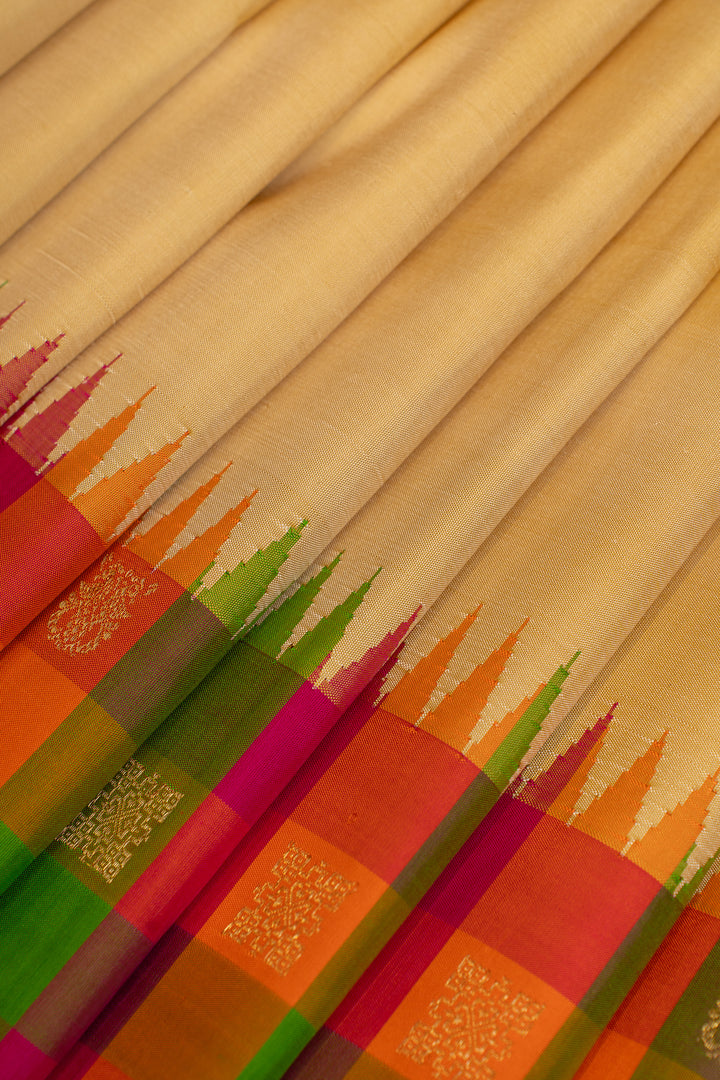 Beige multi checks border pure Kanchipuram silk saree