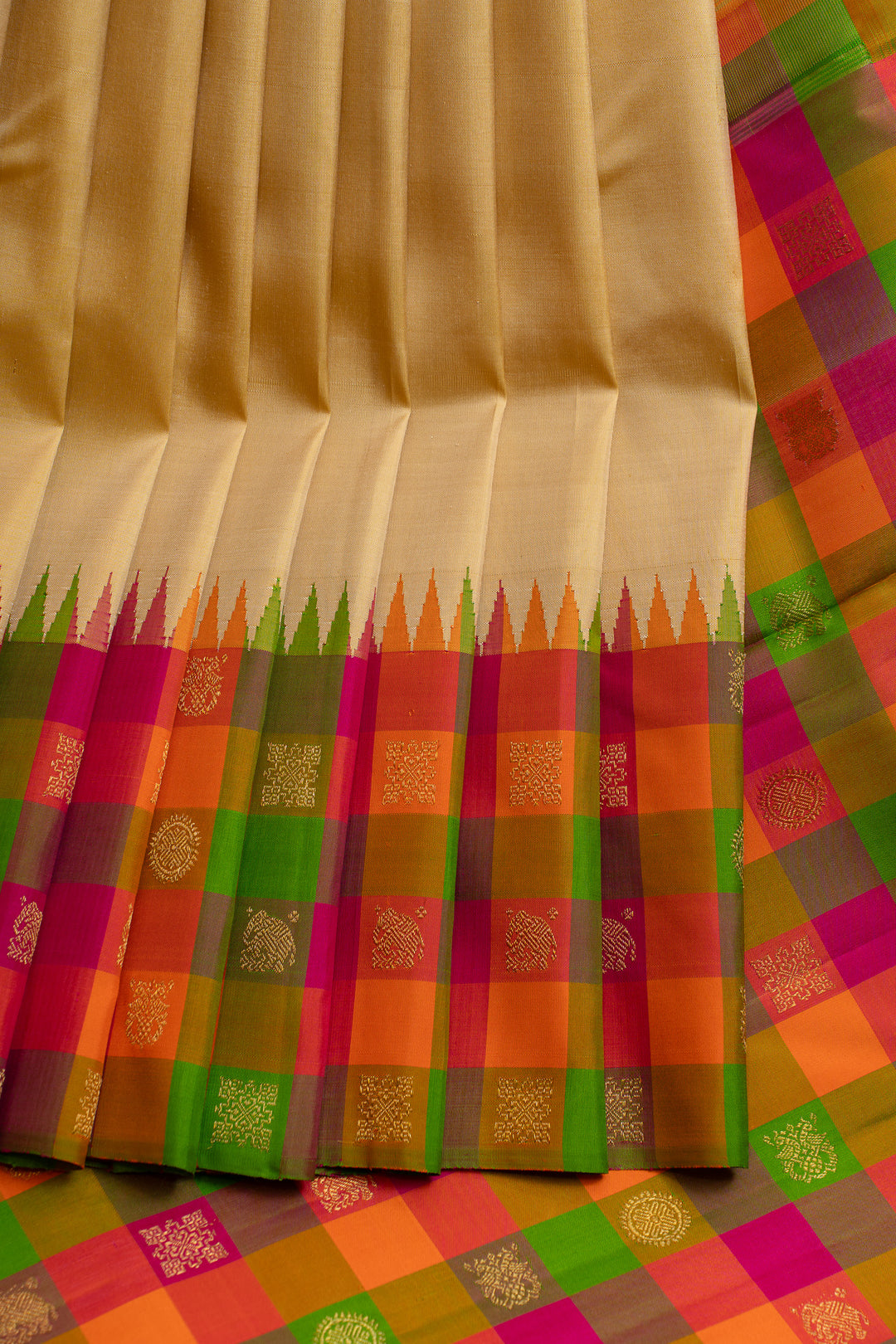 Beige multi checks border pure Kanchipuram silk saree