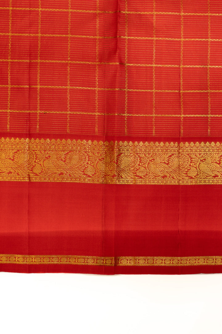 Orange and red vairaoosi checks pure Kanchipuram silk saree