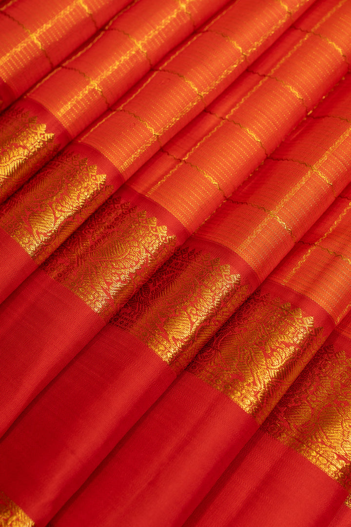 Orange and red vairaoosi checks pure Kanchipuram silk saree