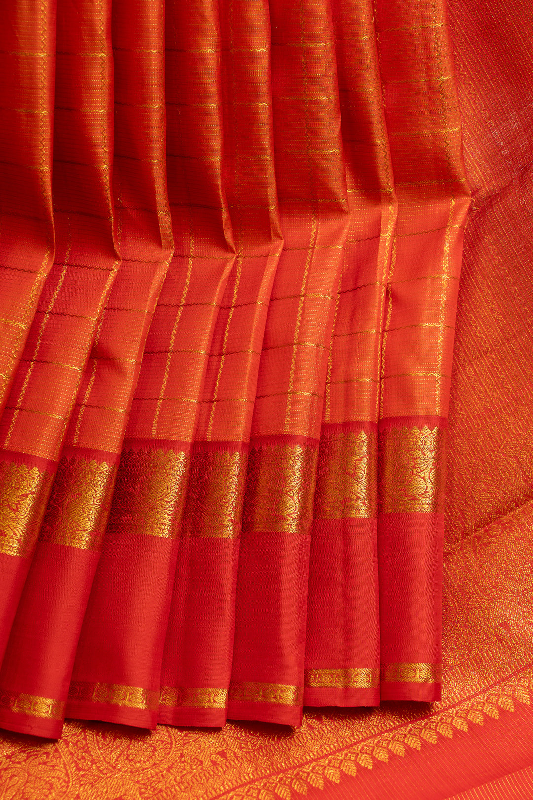 Orange and red vairaoosi checks pure Kanchipuram silk saree