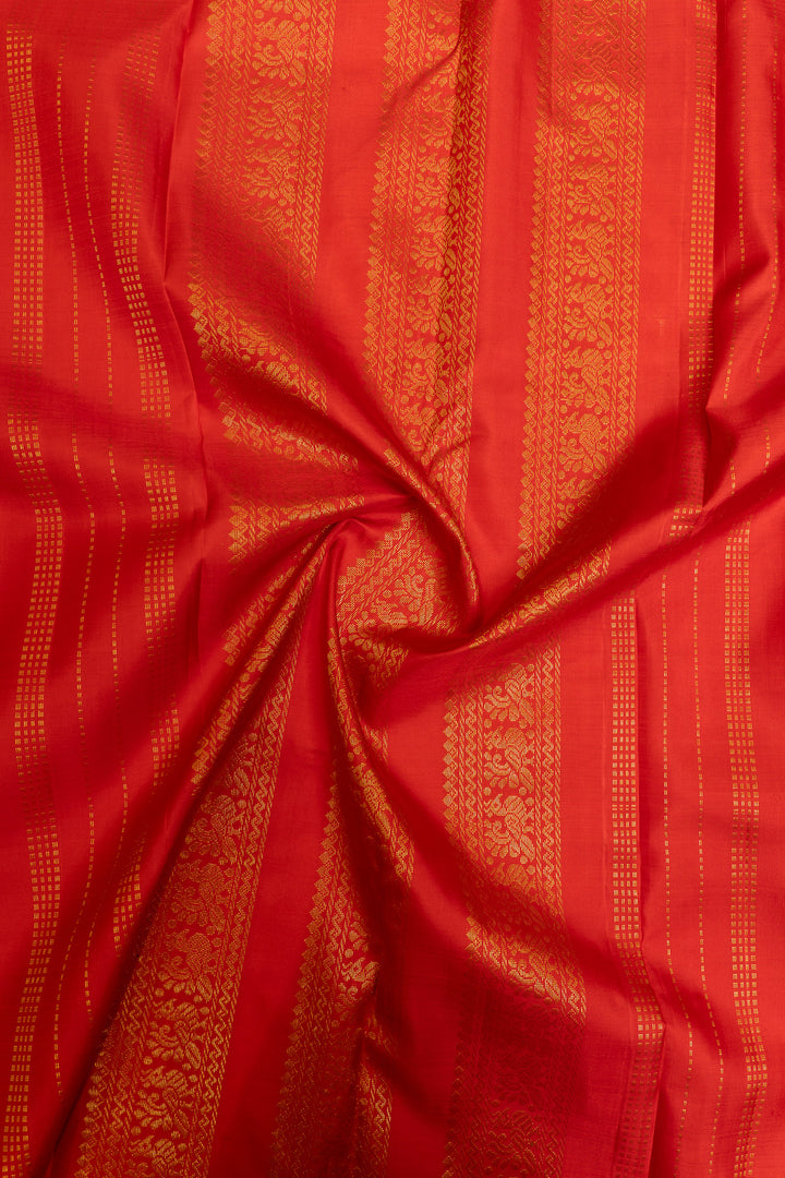 Yellow and red neli thread stripes  pure Kanchipuram silk saree
