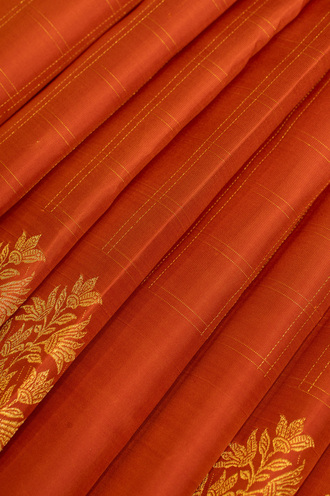 Rust orange zari checks pure Kanchipuram silk saree