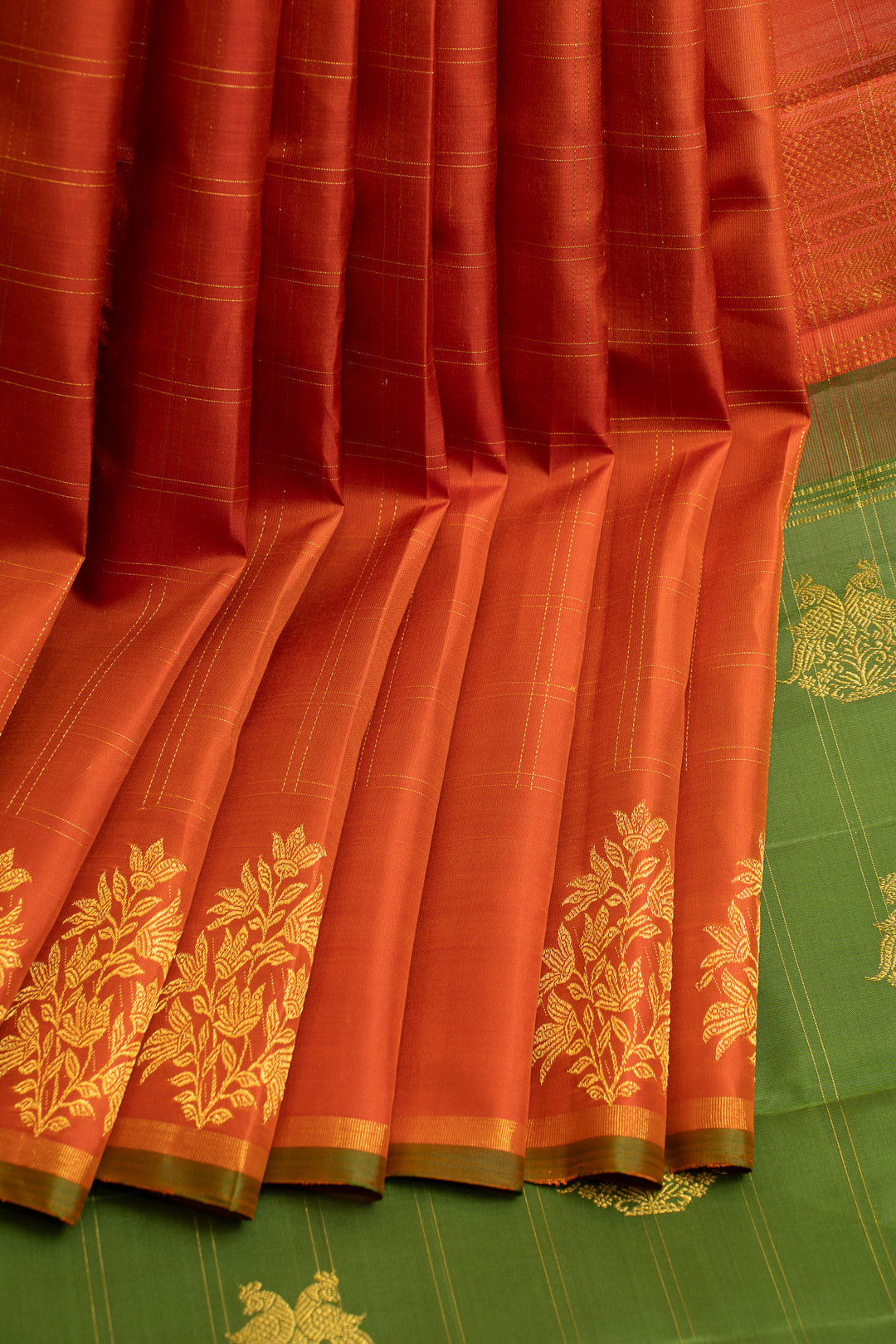 Rust orange zari checks pure Kanchipuram silk saree
