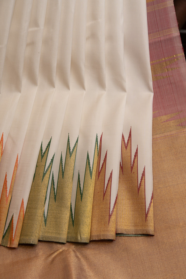 Off white multi temple 8 Kol pure Kanchipuram silk saree