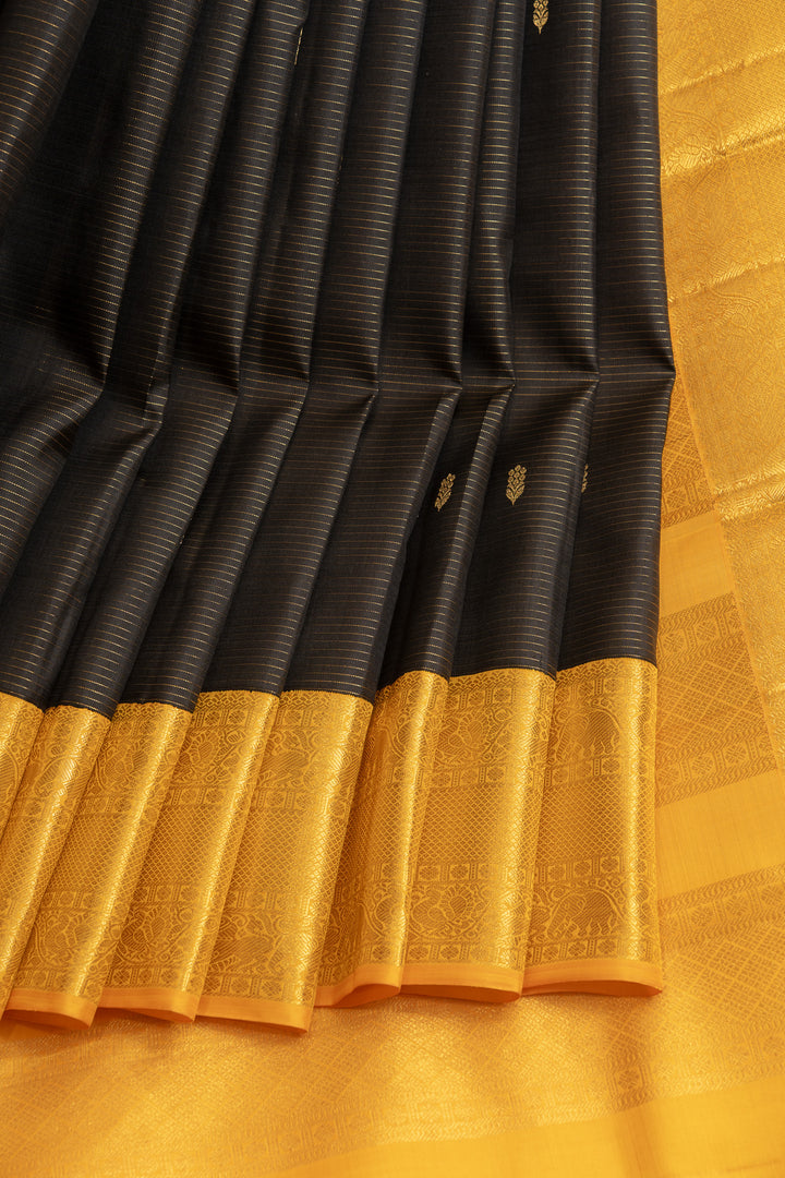 Black and yellow Vairaoosi stripes pure Kanchipuram silk saree
