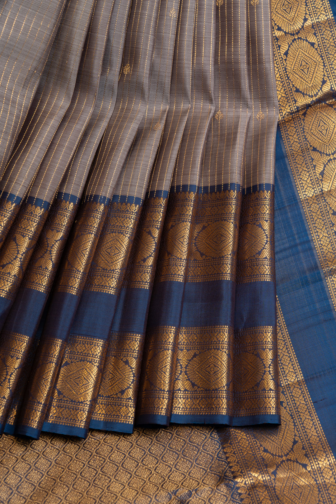 Grey Zari stripes pure Kanchipuram silk saree